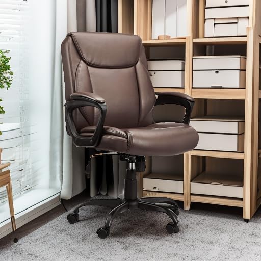 Amazon Basics Classic Puresoft PU Padded Mid-Back Height Adjustable Office Computer Desk Chair with Armrest, 25.75"D x 24.25"W x 42.25"H, Brown-DeskLoop Office