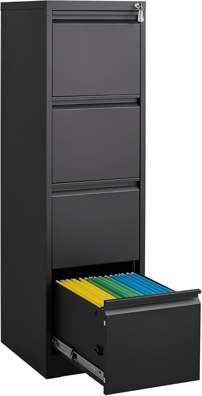 4 Drawer File Cabinet with Lock, Vertical File Cabinets for Home Office, Metal Filing Cabinets, Heavy Duty Steel Lockable Filing Storage Cabinet for Letter/Legal/A4/F4 Size Files, Black-DeskLoop Office