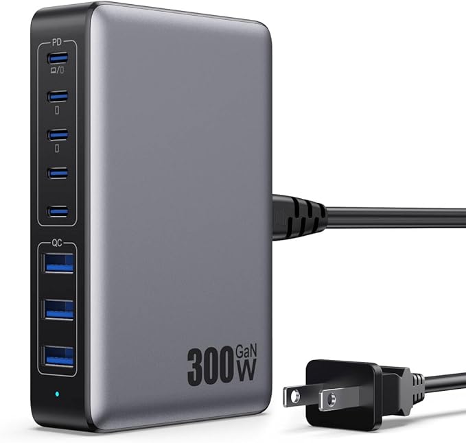 USB C Charger 300W USB C Charger Block, 8-Ports GaN IV Fast Charging Station Hub, Dual PD 100W Laptop Charger Adapter,for MacBook Pro/Air/iPad/iPhone16/15/14/Apple Watch/DELL/Samsung for Home Office-DeskLoop Office