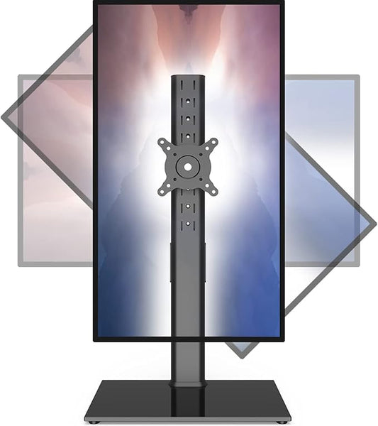 Single Monitor Stand Freestanding 27-43 Inch Monitor Arm Curved Screen Monitor Mount Tempered Glass Base Adjustable Motion Tilt -15° to 10° Swivel ±45° Rotation 360° Weight Capacity 77lbs HT05B-003-DeskLoop Office