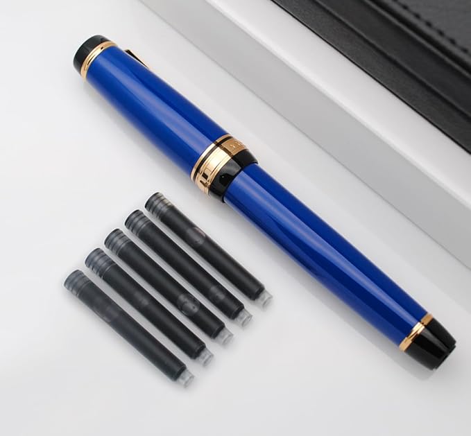 Metal Big Fountain Pen Set Medium Nib 0.7mm, Includes Ink Refill Converter, 5 Ink Cartridges & Gift Box (Medium Nib 0.7mm, Blue)-DeskLoop Office