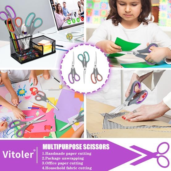 Vitoler Scissors All purpose, 8.5" Heavy Duty Scissors for School Office Supplies,Kitchen Shears for Food Fabric,Right/Left Handed School Scissor for Kids-DeskLoop Office