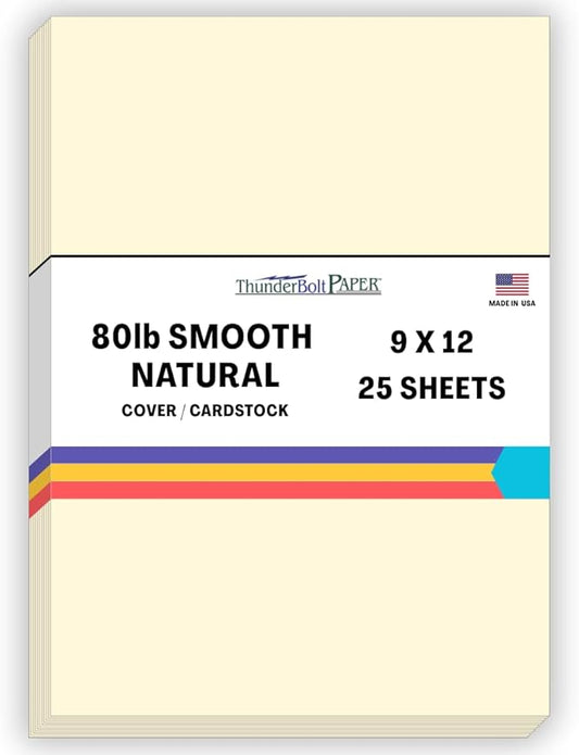 25 Natural Smooth Card Stock Sheets Paper - 9 X 12 Inches Frame and Sketch Pad Size - 80# (80 lb/pound) Cover Weight - Quality Paper - Smooth Finish-DeskLoop Office
