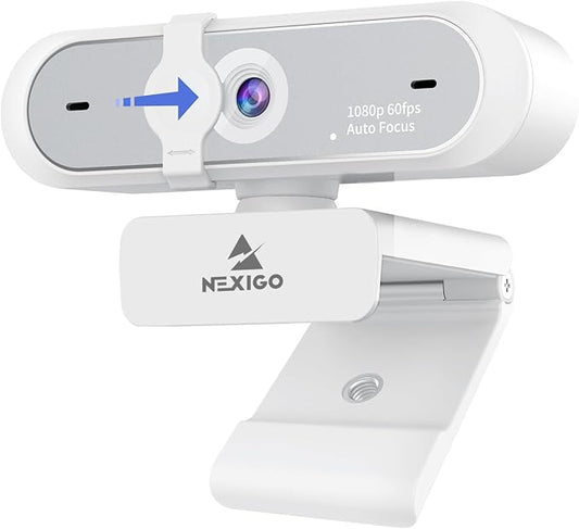 NexiGo N660P (Gen 2) 1080P 60FPS Webcam with Software Control, Dual Microphone & Cover, Autofocus, HD USB Computer Web Camera, for OBS/Zoom/Skype/FaceTime/Teams/Twitch, White-DeskLoop Office
