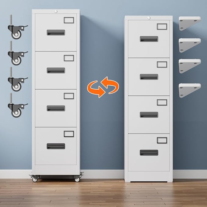 Aobabo 56" H 4 Drawer Moblie Office File Cabinet with Lock, Rolling Metal Filing Storage Cabinet, Legal/Letter A4 Size, White, Assembly Required-DeskLoop Office