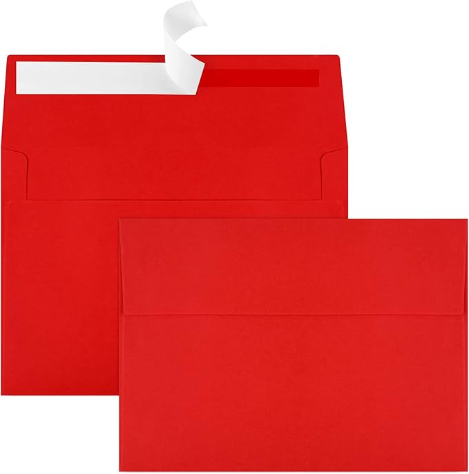 50 Pack 5x7 Envelopes - Self Seal for Weddings, Invitations, Photos, Greeting Cards & Mailing (Red)-DeskLoop Office