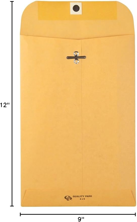 Quality Park 9" x 12" Clasp Envelopes, Brown Kraft, Gummed Flap, 100/Box (QUA37790) & 6 x 9 Clasp Envelopes, Clasp and Gummed Closures for Storing or Mailing, 28 lb Kraft Paper, 100 per Box (QUA37855)-DeskLoop Office