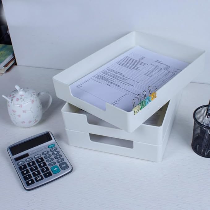 Letter-Size Desk Drawer Organizer, A4 Plastic Paper Tray, Stackable File Holder for Office, School, Home Storage (White)-DeskLoop Office
