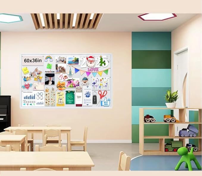 Large Bulletin Board, Foldable 60x36 Inches Cork Board Alternative, Large Felt Board Decorative Pin Board for Wall, Foldable Photo Board Self-Adhesive Vision Board with 36 Pushpins White-DeskLoop Office