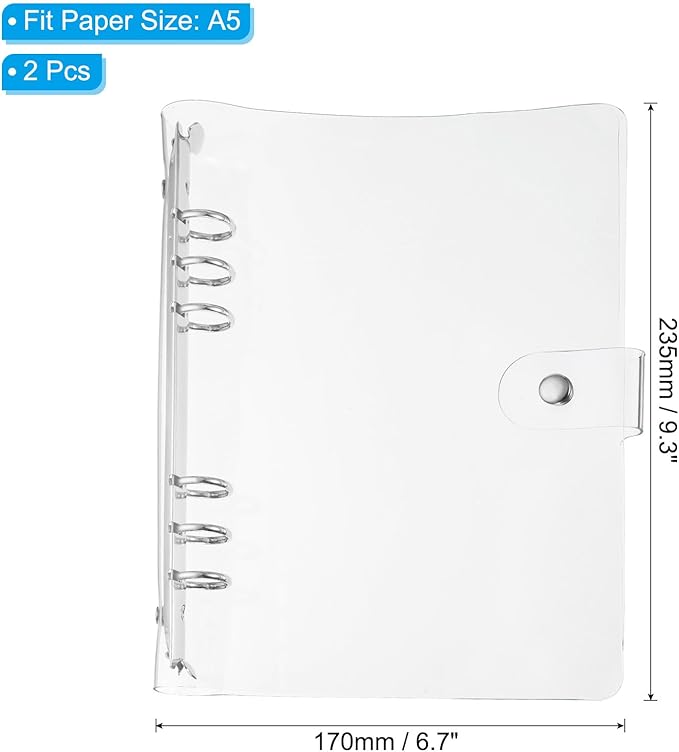 PATIKIL A5 Clear Binder Cover, 2Pcs Soft PVC Loose Leaf Binder Protector Refillable Notebook Shell with Snap Button Closure 6 Ring for DIY Meeting Notebook Folder, Silver Tone