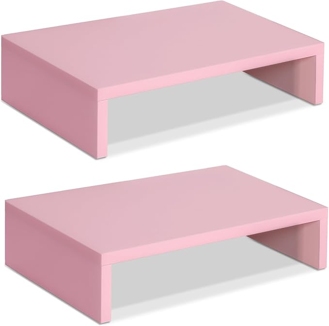 TEAMIX Pink Monitor Stand Riser-2 Pack,Wood 2 Tier Adjustable Monitor Stand Dual Monitor Riser for 2 Monitors/Laptop/PC Computer Stand for Desk-DeskLoop Office