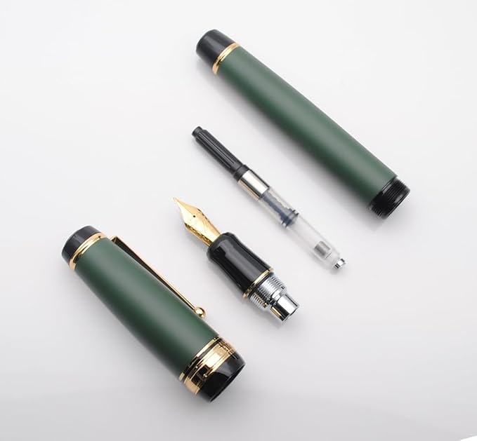 Metal Big Fountain Pen Set Medium Nib 0.7mm, Includes Ink Refill Converter, 5 Ink Cartridges & Gift Box (Medium Nib 0.7mm, Matte Green)-DeskLoop Office