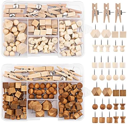 180 Pcs Wood Push Pins, 2 Colors and 7 Types Decorative Thumb Tacks Wooden Head Pin Map Tacks Marking Pin, Wood Thumb Tacks Decorative for Bulletin Boards Craft Projects with Storage Box-DeskLoop Office