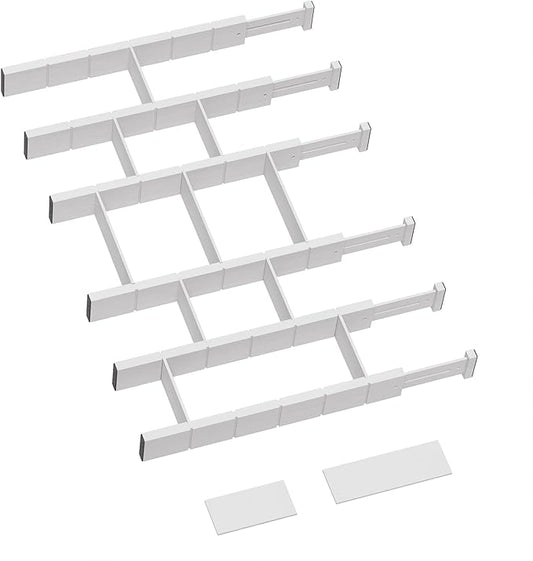 6 Pack Bamboo Drawer Dividers with 12 Inserts, Expandable Adjustable Clothes Drawer Organizers and Storage from 17" to 22" for Kitchen, Bedroom, Dresser, Cosmetics (White)-DeskLoop Office