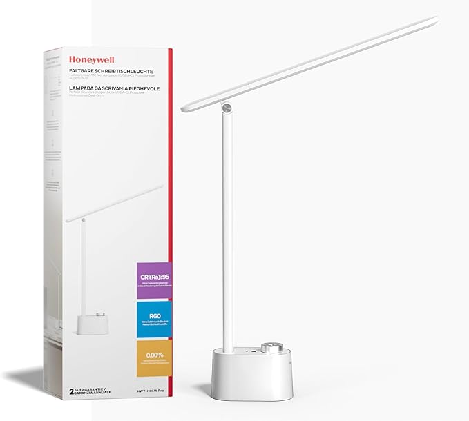 Honeywell Upgraded LED Desk Lamp - H01 Pro Sunturalux™ Foldable Desk Light with USB A+C Charging Port, 3 Color Modes Dimmable Table Lamp for Home Office Reading(White)-DeskLoop Office