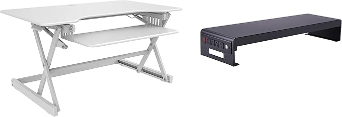 Rocelco 40" Large Height Adjustable Standing Desk Converter with Dual Monitor Stand BUNDLE - Quick Sit Stand Up Computer Workstation Riser - Retractable Keyboard Tray - White (R DADRW-40-DMS)-DeskLoop Office
