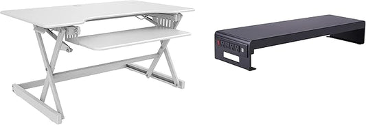 Rocelco 40" Large Height Adjustable Standing Desk Converter with Dual Monitor Stand BUNDLE - Quick Sit Stand Up Computer Workstation Riser - Retractable Keyboard Tray - White (R DADRW-40-DMS)-DeskLoop Office