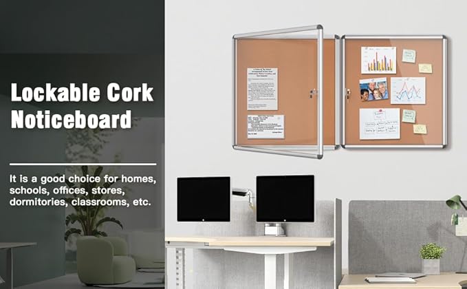 2 Pack 28"x26" Enclosed Bulletin Board, Lockable Weather-Resistant Aluminum Cork Noticeboard for School & Office, Silver Frame w/Cork-DeskLoop Office