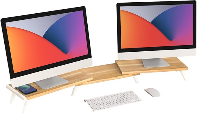 loukin Dual Monitor Stand Riser for Desk, 43.6"*8.2"*3.2" Large Computer Stand for 2 Monitors, Laptop, Printer, Length and Angle Adjustable Computer Shelf, Home Office,Max 43.6" Length Natural-DeskLoop Office