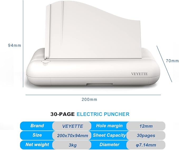 Electric 3 Hole Paper Punch, VEYETTE Heavy Duty Commercial Hole Puncher with Adapter for Office School Studio, 30 Sheet Capacity,Color Gray-DeskLoop Office