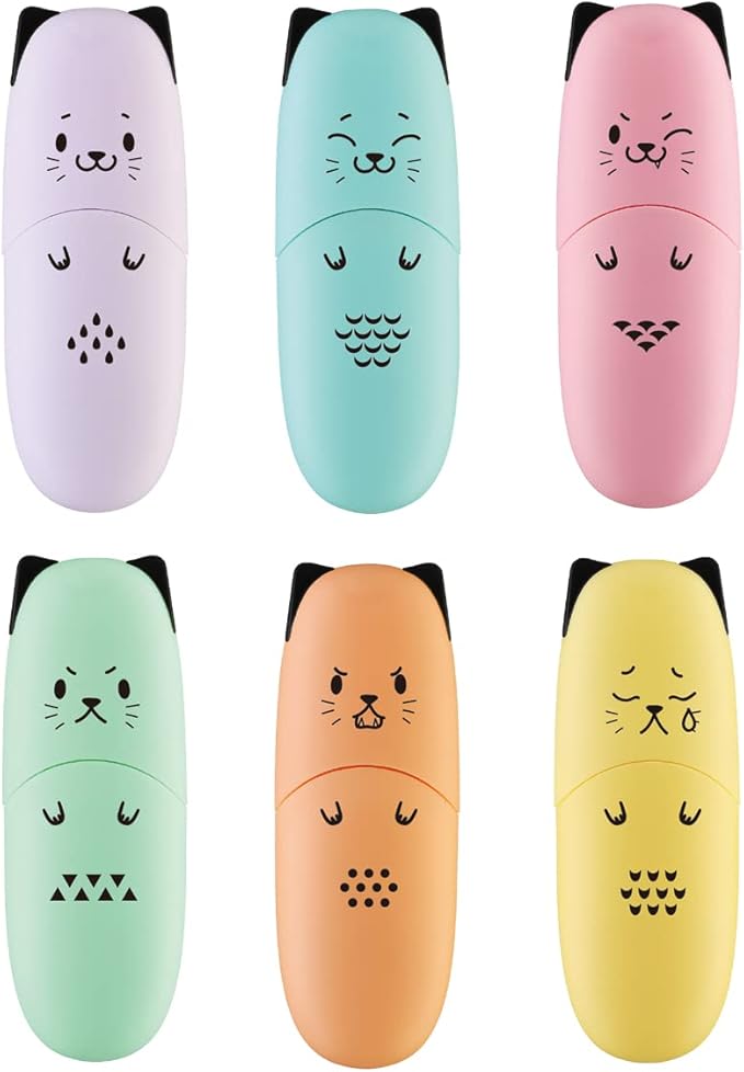 6 pieces Cat Shape Cute Mini Highlighter Pen Pastel Color Chisel Tip Kawaii Kids Stocking Stuffers Gift Highlighter Marker-DeskLoop Office