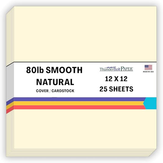 25 Natural Smooth Card Stock Sheets Paper - 12 X 12 Inches Scrapbook Album|Cover Size - 80# (80 lb/pound) Cover Weight - Quality Paper - Smooth Finish-DeskLoop Office