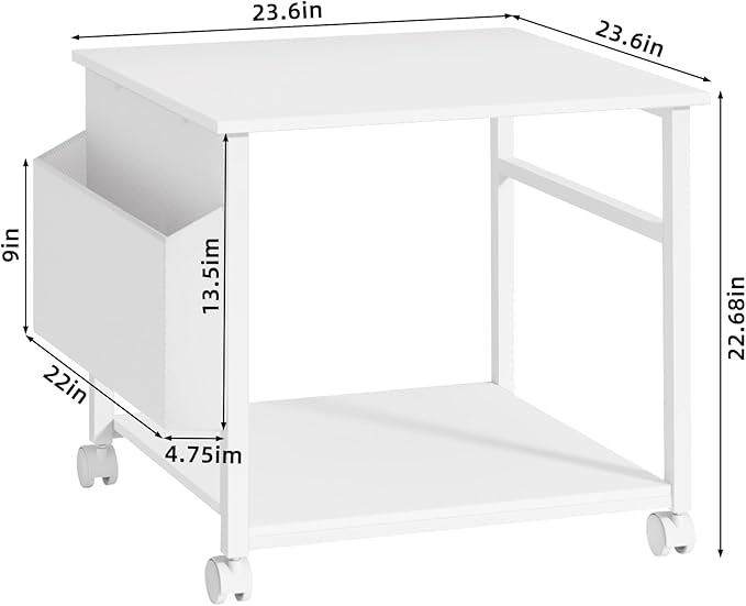 Lerliuo Large Printer Stand with Storage Shelf, 23.6 x 23.6 x 22.8 Industrial Printer Table for Home Office, Rolling Printer Cart Holder with Lockable Wheels, Mobile Mini Fridge Stand Table (White)-DeskLoop Office