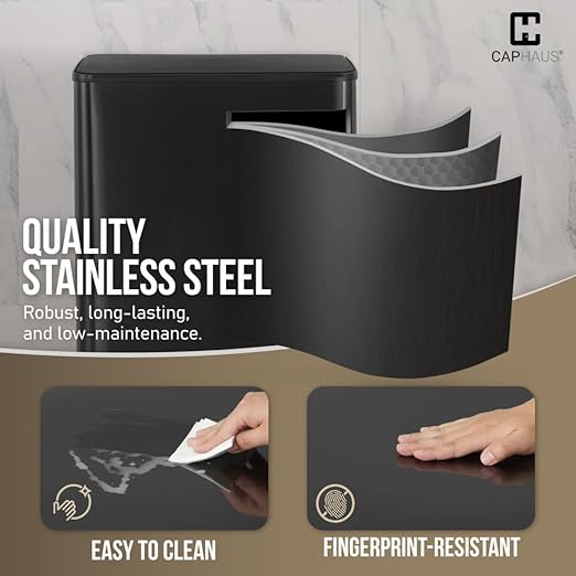 CAPHAUS Black Dual Trash Can w/Single Lid, Trash & Recycle Bins Combo, Hands-Free Stainless-Steel Garbage Can for Kitchen, with 2 Compartment, Hinged Lid, Odor Filters, Handles, 30L+30L, 2 x 8 Gal-DeskLoop Office