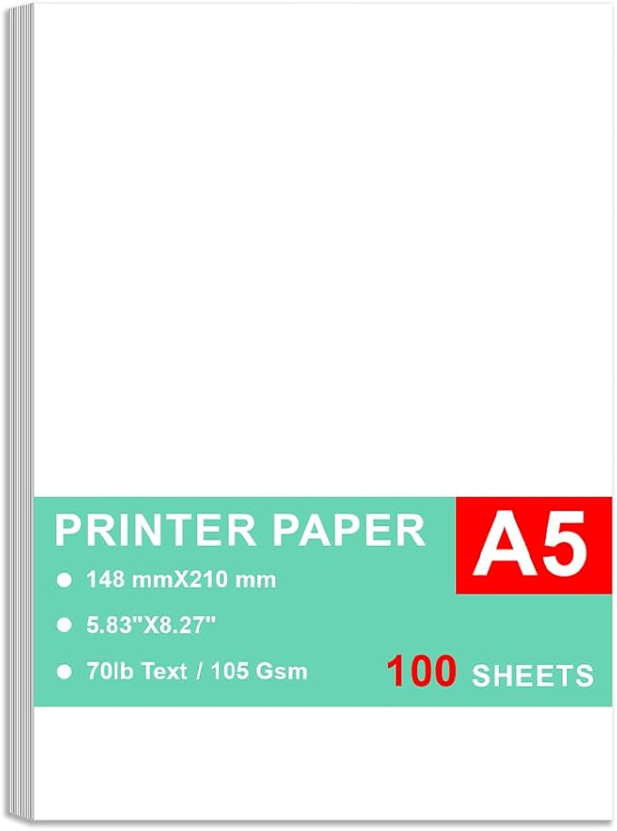 Printer Paper - 100 Sheets, A5 Premium Bright White Paper, 28lb Bond / 70lb Text (105 gsm) Bright White Paper – Great for Copy, Printing, Writing, 5.83" x 8.27" (148 x 210 mm)-DeskLoop Office