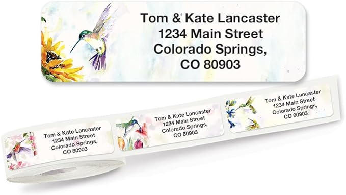 Colorful Images Fluttering Hummingbirds Rolled Personalized Return Address Mailing Labels with Dispenser, Customize with Name & Shipping Address, 250 ¾” x 2½ Self Adhesive, Easy Peel Label Roll-DeskLoop Office