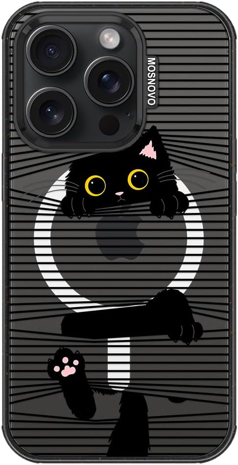MOSNOVO Magnetic Case for iPhone 15 Pro, 10ft Military-Grade Protection, Compatible with Magsafe, Shockproof Phone Case for iPhone 15 Pro - Hidden Black Cat - Clear Black-DeskLoop Office