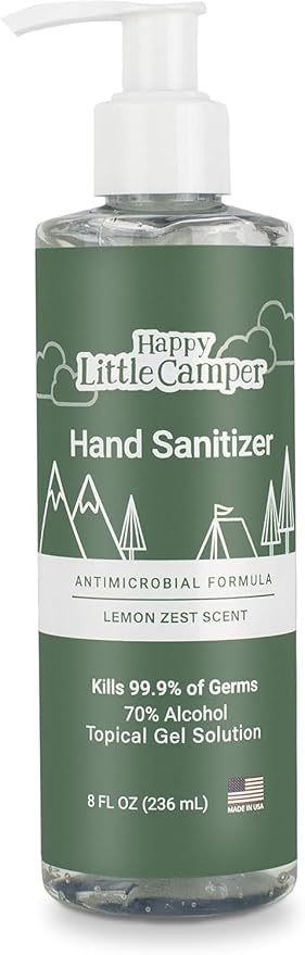 Happy Little Camper Hand Sanitizer with Lemon Zest Scent - Moisturizing Clear Gel with Vitamin E & Antimicrobial Formula- Contains 70% Ethyl Alcohol - Travel Size, Made in USA - 8 Fl Oz, 236ml-DeskLoop Office