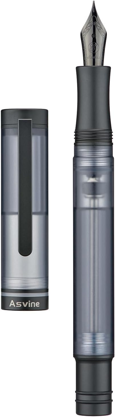 Asvine V200 Titanium Fountain Pen Vacuum Filling, Matte Black Extra Fine Nib Clear Demonstrator Acrylic with Pen Case and Wrench-DeskLoop Office