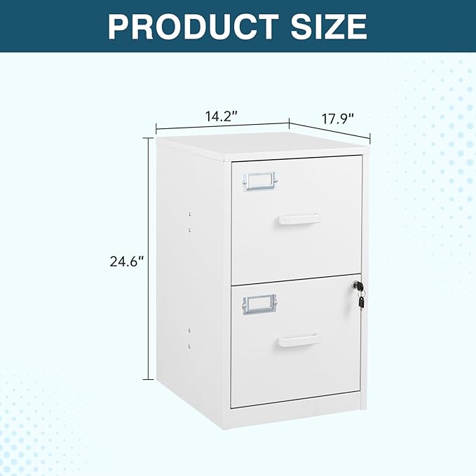 MIIIKO 2 Drawer Filing Cabinet with Lock, Metal Vertical File Cabinets for Home Office, Lockable File Storage Cabinets Under Desk, Letter/A4 File Folders Storage(White-Assembly Required