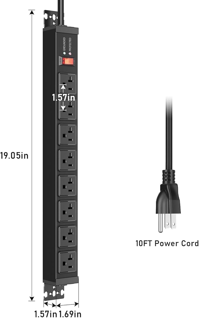 JUNNUJ 20 Amp Power Strip Heavy Duty 2 Pack, 4800J Surge Protector Metal Power Bar Multi Angle Mount, 20A Garage 8 Outlet Shop 6-20R T-Slot, 5-15P Adapter 12 Gauge Extension Cord 10ft for Appliance-DeskLoop Office