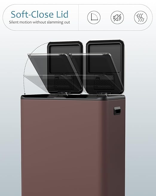 16 Gal (2 x 30 L) Dual Trash Can, Stainless Steel Kitchen Garbage Bin, Recycle Dustbin with Odor Control Box, Soft-Close Lid, Inner Buckets, Side Handle, Step Pedal, for Home Office-DeskLoop Office