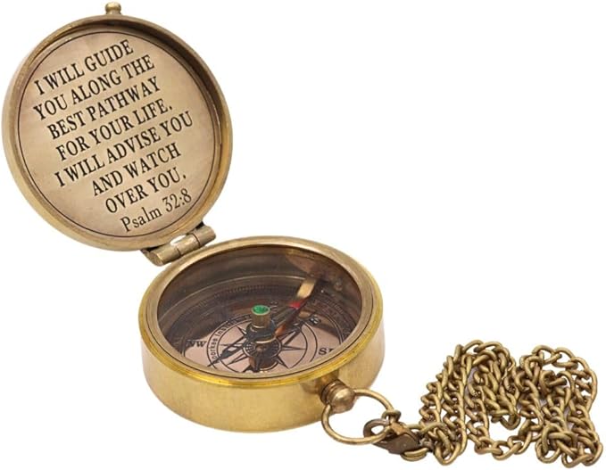 God's Way Solid Brass Engraved Compass - Psalm 32:8, Directional, Baptism & First Communion Gifts for Boys & Girls, Christian Gifts for Men & Boys-DeskLoop Office