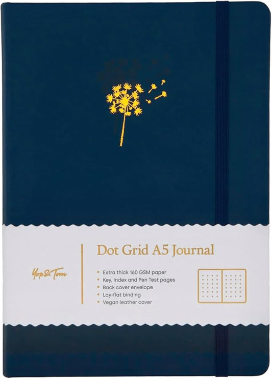 Yop & Tom Bullet Dotted Journal (A5) - Dandelion - Dot Grid Notebook With Extra Thick Paper (160 GSM) - Midnight Blue-DeskLoop Office
