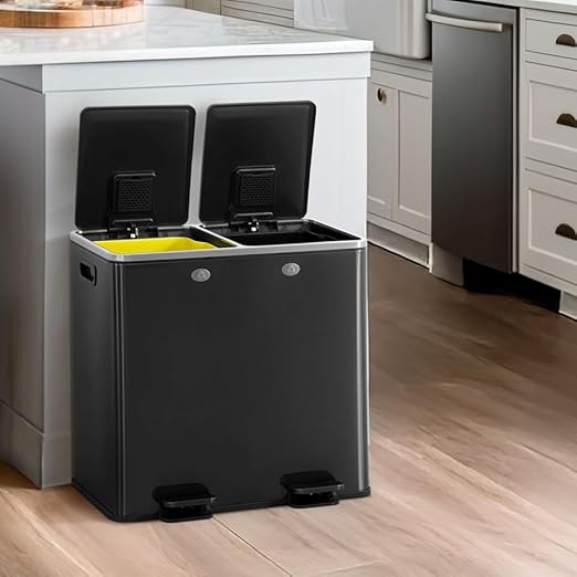 CAPHAUS Black Dual Trash Can w/Double Lid, Trash & Recycle Bins Combo, Hands-Free Stainless-Steel Garbage Can for Kitchen, with 2 Compartment, Hinged Lid, Odor Filters, Handles, 25L+25L, 2 x 6.6 Gal-DeskLoop Office