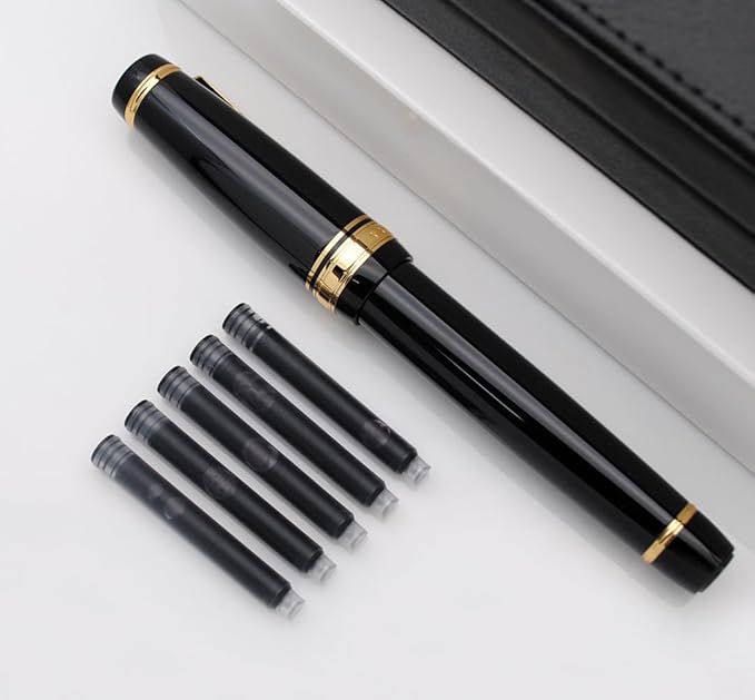 Metal Big Fountain Pen, Medium Nib 0.7mm, Includes Ink Converter & 5 Cartridges, Glossy Piano Painted Finish (Black)-DeskLoop Office