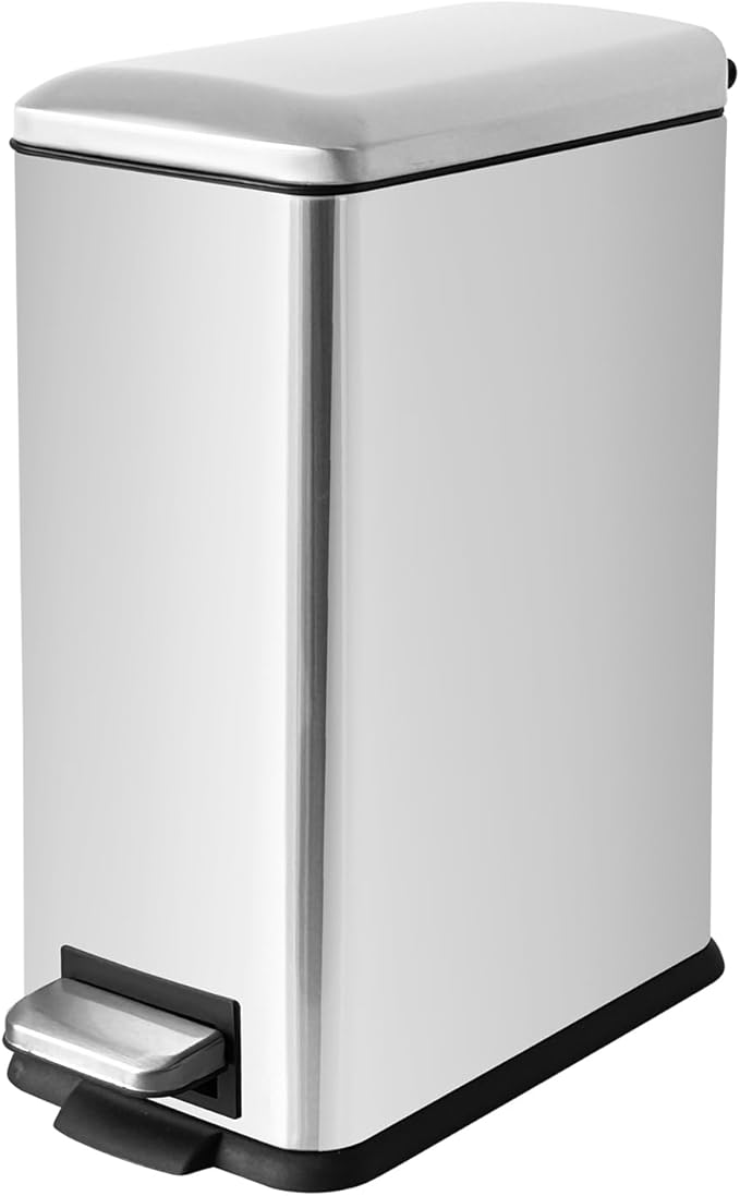 Bathroom Trash Can, 10 Liter / 2.6 Gallon Stainless Steel Garbage Can with Removable Inner Bucket, Soft Close Lid Step Trash Bin for Bedroom, Office, Kitchen, Brushed Silver-DeskLoop Office
