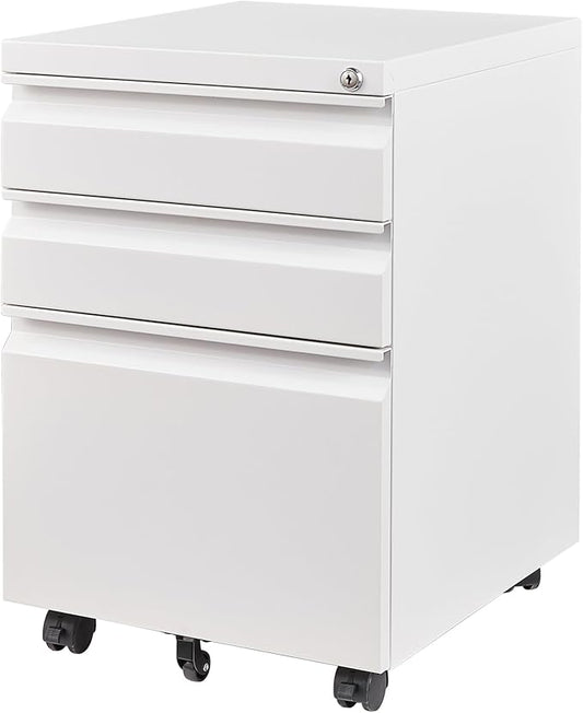 Letaya 3 Drawer Mobile File Cabinet with Lock, Under Desk Metal Filing Cabinets for Home Office Organizer Letters/Legal/A4(Fully Assembled-White)-DeskLoop Office