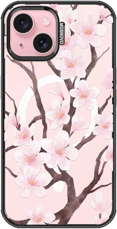 MOSNOVO Magnetic Case for iPhone 15, 10ft Military-Grade Protection, Compatible with Magsafe, Shockproof Phone Case for iPhone 15 - Cherry Blossom - Clear Black-DeskLoop Office