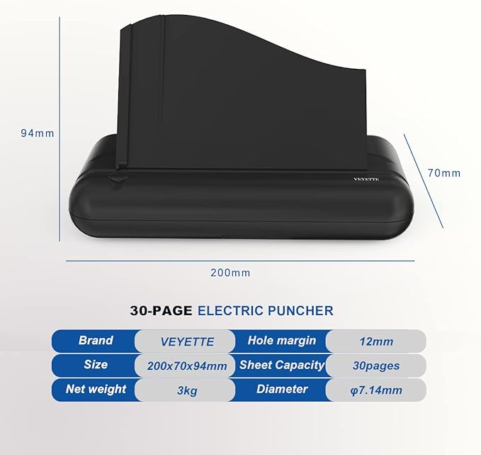 Electric 3 Hole Paper Punch, VEYETTE Heavy Duty Commercial Hole Puncher with Adapter for Office School Studio, 30 Sheet Capacity,Color Black-DeskLoop Office