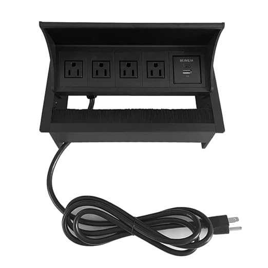 ZESHAN Brush Cable Cubby Connectivity Box Conference Table Power Box with Power Socket, USB and Type C Charger, Black-DeskLoop Office
