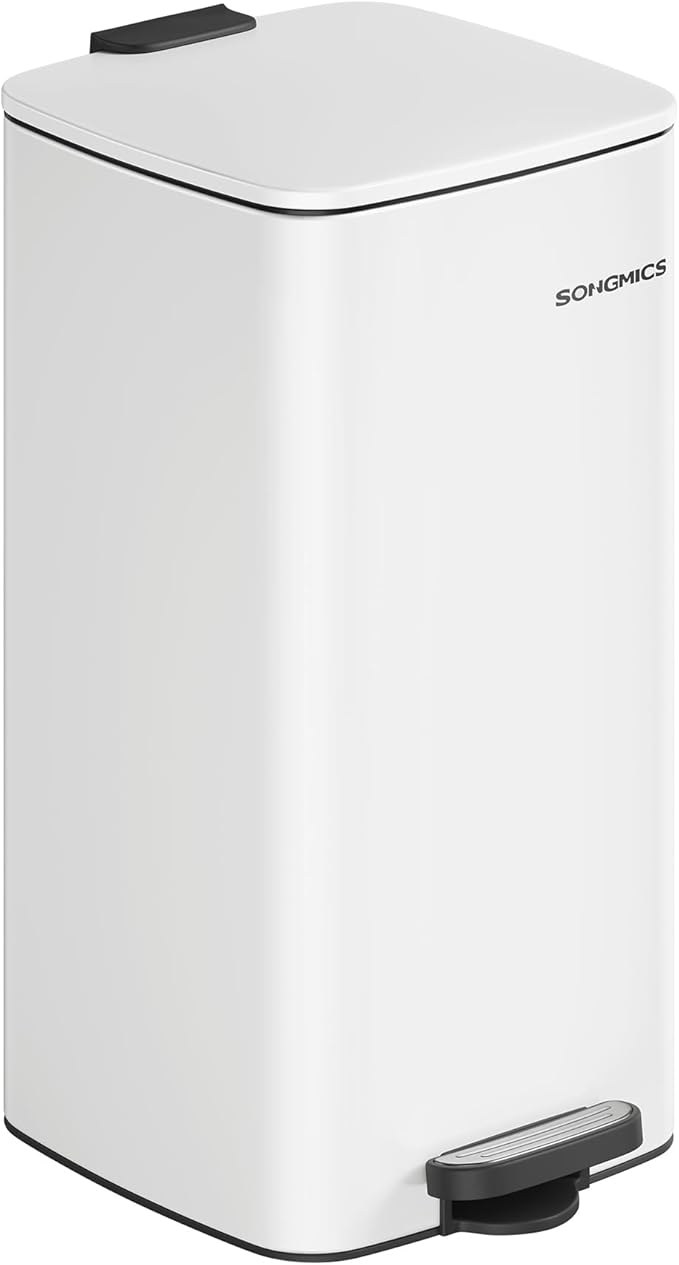 SONGMICS Kitchen Trash Can, 8-Gallon (30 L) Trash Bin, Stainless Steel Garbage Can, with Inner Bucket, Soft Close and Stays Open, Cloud White ULTB593W01-DeskLoop Office