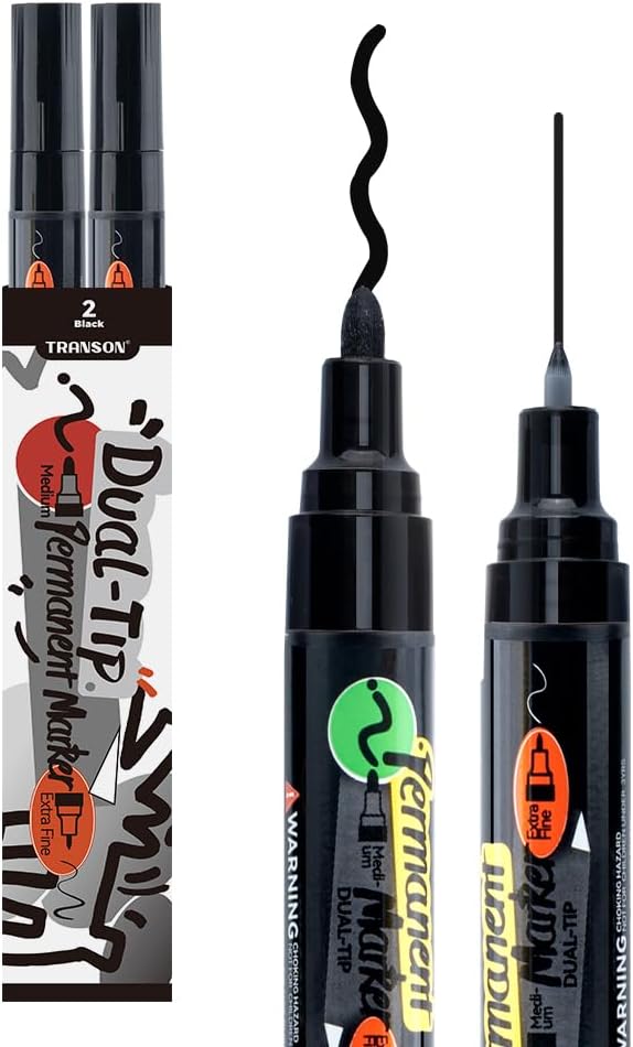 TRANSON 2 Black Dual-tip Permanent Paint Markers Oil Based Waterproof-DeskLoop Office