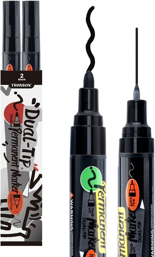 TRANSON 2 Black Dual-tip Permanent Paint Markers Oil Based Waterproof-DeskLoop Office