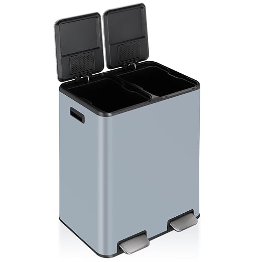 16 Gal (2 x 30 L) Dual Trash Can, Stainless Steel Kitchen Garbage Bin, Recycle Dustbin with Odor Control Box, Soft-Close Lid, Inner Buckets, Side Handle, Step Pedal, for Home Office-DeskLoop Office