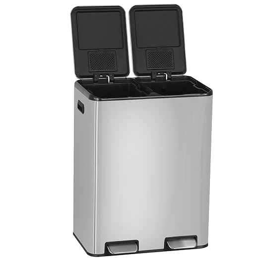 PayLessHere Trash Can, 16 Gallon (2x8G) 60 Liter Rectangular Trash Cans Stainless Steel Step Trash Can with Inner Buckets and Hinged Lids, Suitable for Kitchen Office Home Use,Silver-DeskLoop Office